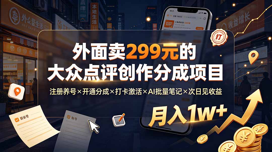外面卖299元的大众点评创作分成项目：注册养号×开通分成×打卡激活×AI批量笔记×次日见收益，月入1w+-紫橙资源网