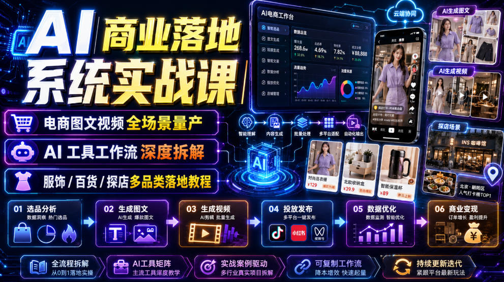 AI商业落地系统实战课|电商图文视频全场景量产・AI工具工作流深度拆解・服饰/百货/探店多品类落地教程-紫橙资源网