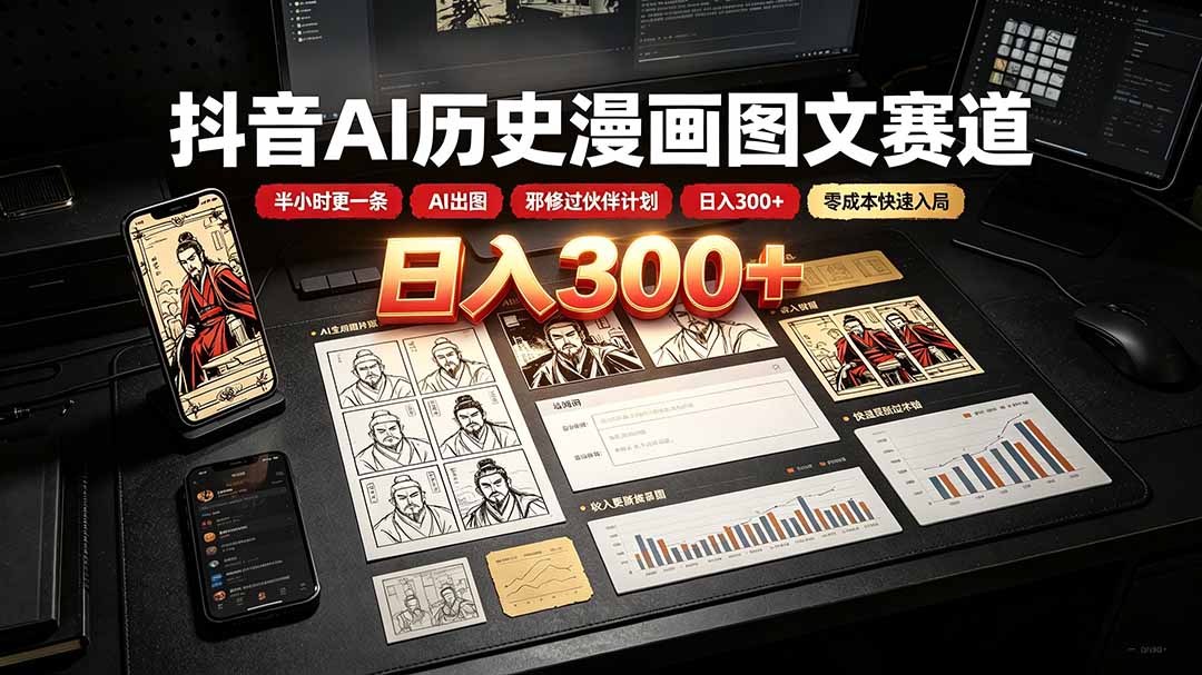 抖音AI历史漫画图文赛道:半小时更一条×AI出图×邪修过伙伴计划×日入300+,零成本快速入局-紫橙资源网