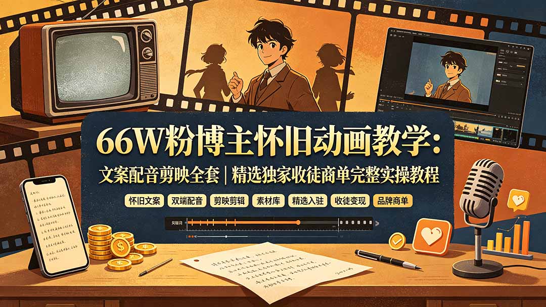 66W粉博主怀旧动画教学:文案配音剪映全套|精选独家收徒商单完整实操教程-紫橙资源网