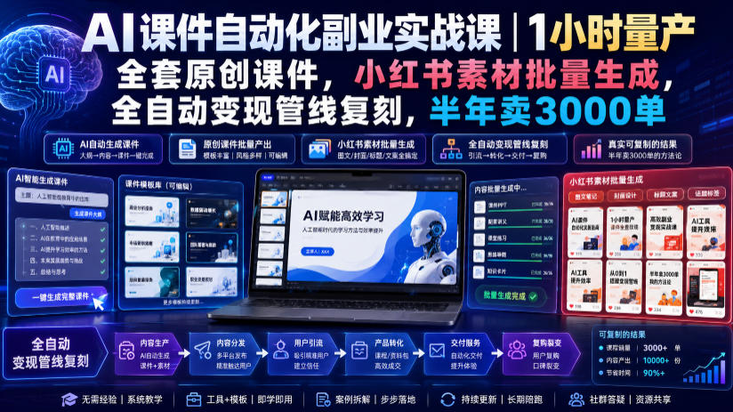 AI课件自动化副业实战课|1小时量产全套原创课件,小红书素材批量生成,全自动变现管线复刻,半年卖3000单-紫橙资源网