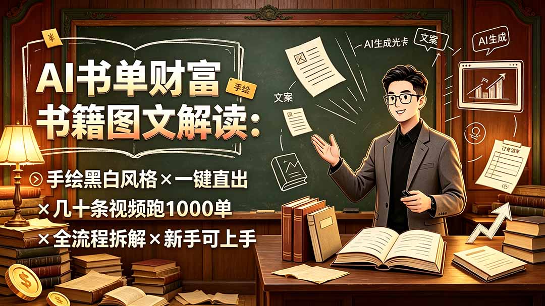 AI书单财富书籍图文解读:手绘黑白风格×一键直出×几十条视频跑1000单×全流程拆解×新手可上手-紫橙资源网