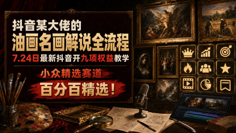 抖音某大佬的油画名画解说全流程,7.24日最新抖音开九项权益教学,小众精选赛道,百分百精选!-紫橙资源网