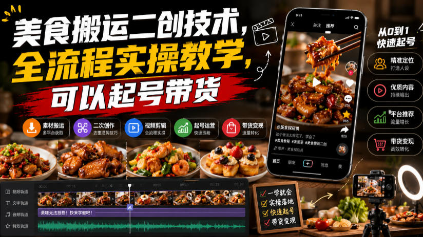 美食搬运二创技术,全流程实操教学,可以起号带货-紫橙资源网