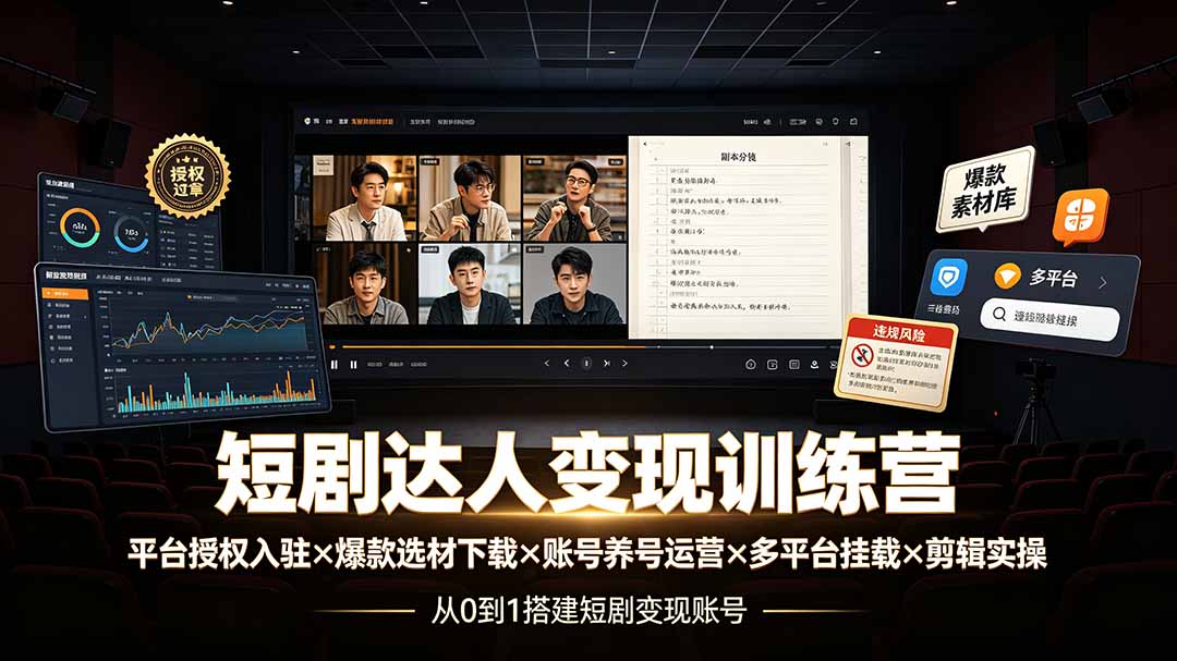 短剧达人变现训练营:平台授权入驻×爆款选材下载×账号养号运营×多平台挂载×剪辑实操×违规处理全流程-紫橙资源网