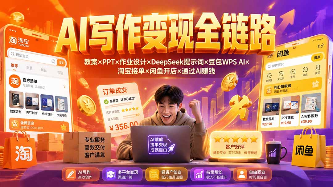 2026AI写作变现全链路：教案×PPT×作业设计×DeepSeek提示词×豆包WPS AI×淘宝接单×闲鱼开店×通过AI賺钱-紫橙资源网