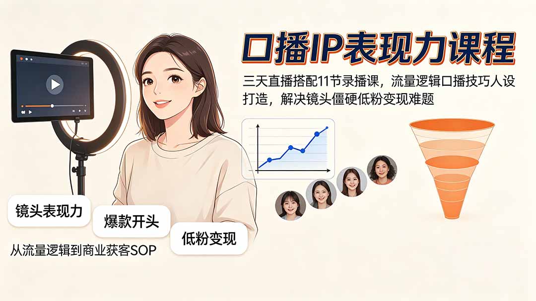 口播IP表现力课程|三天直播搭配11节录播课,流量逻辑口播技巧人设打造,解决镜头僵硬低粉变现难题-紫橙资源网