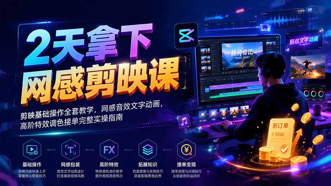 2天拿下网感剪辑课|剪映基础操作全套教学,网感音效文字动画,高阶特效调色接单完整实操指南-紫橙资源网