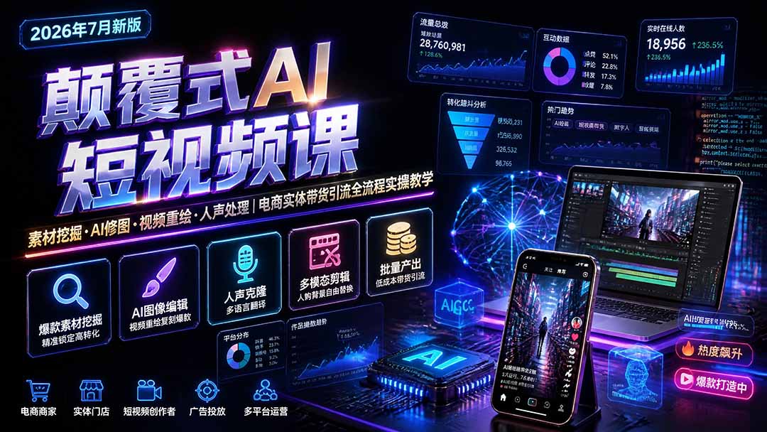 颠覆式AI短视频课|素材挖掘,AI修图,视频重绘,人声处理|电商实体带货引流全流程实操教学-紫橙资源网