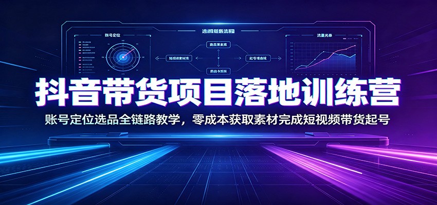 抖音带货项目落地训练营:账号定位选品全链路教学,零成本获取素材完成短视频带货起号-紫橙资源网