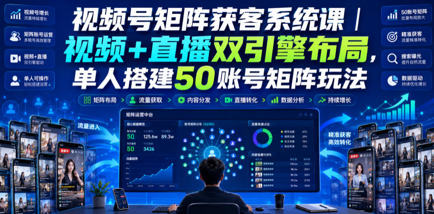 视频号矩阵获客系统课|视频+直播双引擎布局,单人搭建50账号矩阵玩法,流量入池、搜索占位、全域引流沉淀私域全流程教学-紫橙资源网