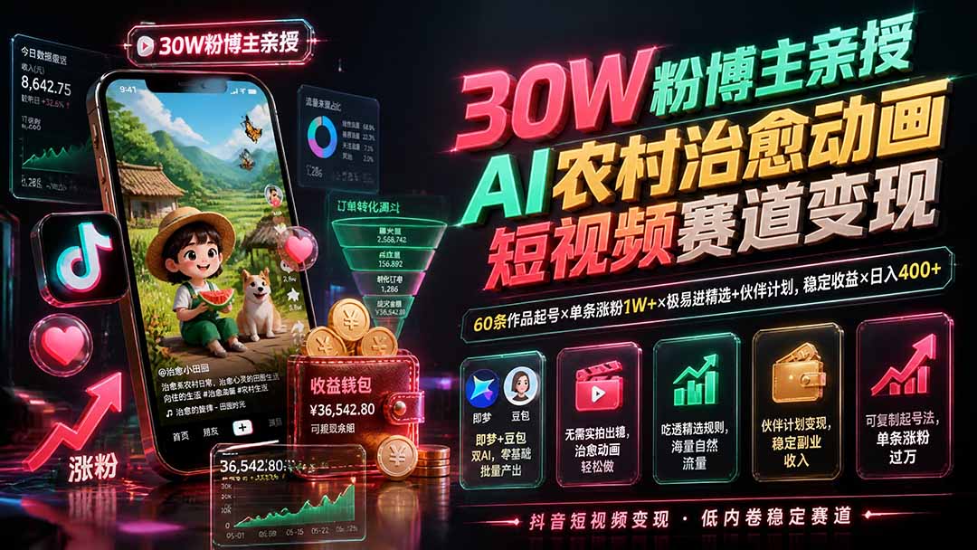 30W粉博主亲授AI农村治愈动画短视频赛道变现:60条作品起号×单条涨粉1W+×极易进精选+伙伴计划,稳定收益×日入400+-紫橙资源网