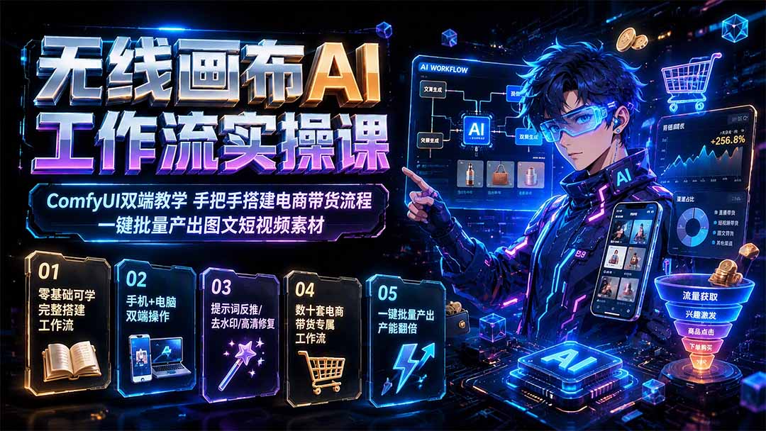 无线画布AI工作流实操课｜ComfyUI双端教学，手把手搭建电商带货流程，一键批量产出图文短视频素材-紫橙资源网