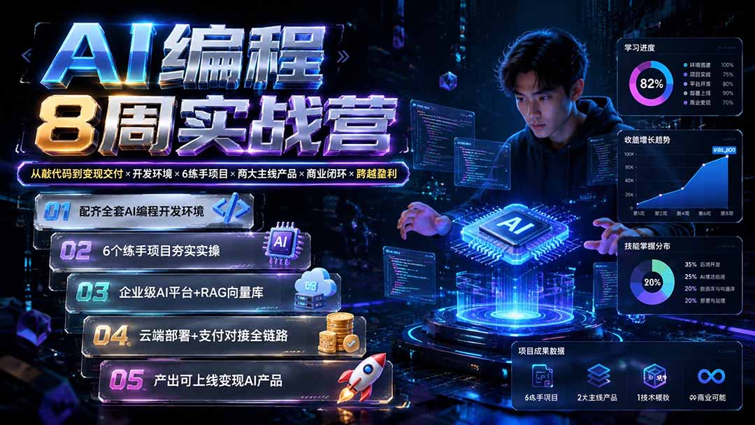 AI编程8周实战营：从敲代码到变现交付×开发环境×6练手项目×两大主线产品×商业闭环×跨越盈利-紫橙资源网