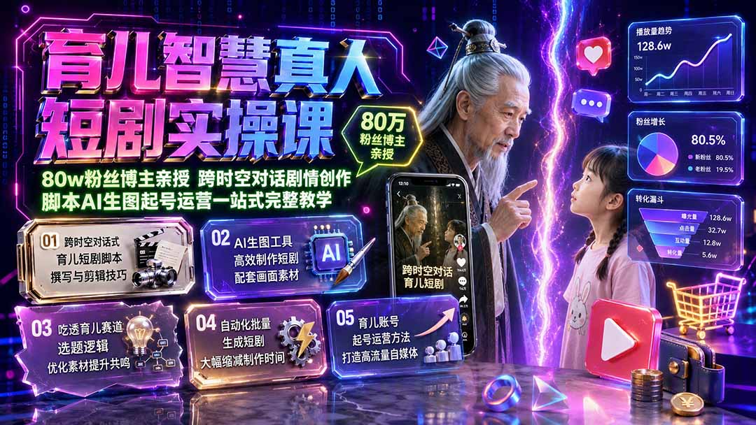 育儿智慧真人短剧实操课｜80w粉丝博主亲授，跨时空对话剧情创作，脚本AI生图起号运营一站式完整教学-紫橙资源网