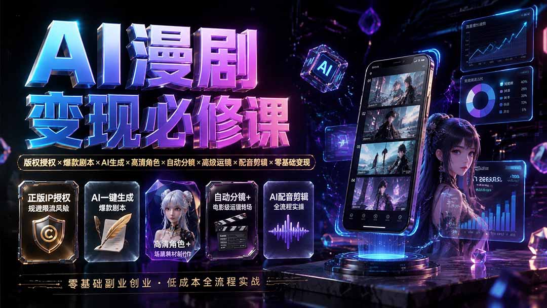 AI漫剧变现必修课：版权授权×爆款剧本×AI生成×高清角色×自动分镜×高级运镜×配音剪辑×零基础变现-紫橙资源网