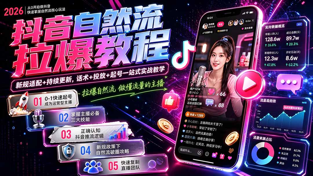 抖音自然流拉爆教程-更新7月：做懂流量的主播，新规适配+持续更新，话术+投放+起号一站式实战教学-紫橙资源网