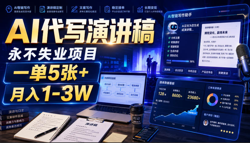 AI代写演讲稿,永不失业项目,一单5张+,月入1-3W-紫橙资源网