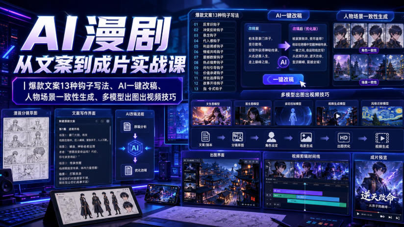 AI漫剧从文案到成片实战课|爆款文案13种钩子写法、AI一键改稿、人物场景一致性生成、多模型出图出视频技巧-紫橙资源网
