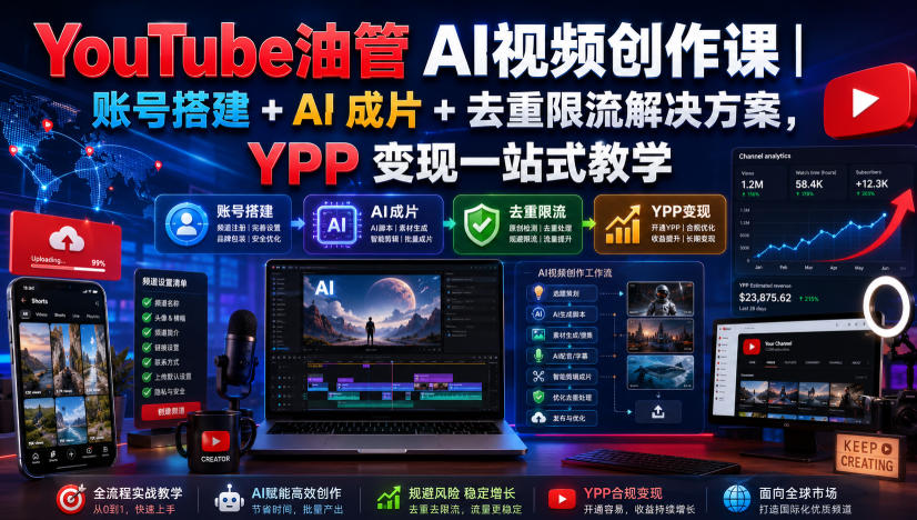 YouTube油管AI视频创作课|账号搭建+AI成片+去重限流解决方案,YPP变现一站式教学-紫橙资源网