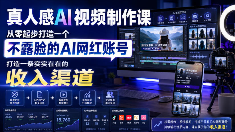 真人感AI视频制作课,从零起步打造一个不露脸的AI网红账号,打造一条实实在在的收入渠道【原创双语字幕】-紫橙资源网