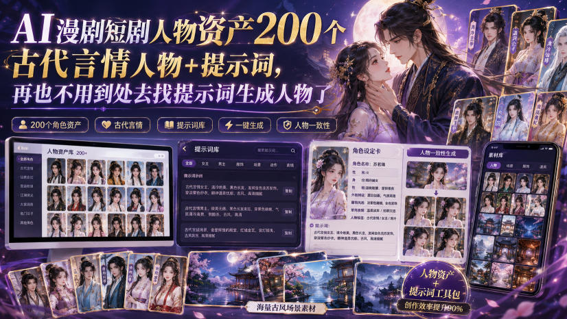 AI漫剧短剧人物资产200个古代言情人物+提示词,再也不用到处去找提示词生成人物了-紫橙资源网