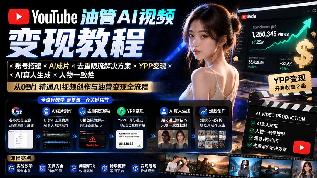 YouTube油管AI视频变现教程:账号搭建×AI成片×去重限流解决方案×YPP变现×AI真人生成×人物一致性-紫橙资源网