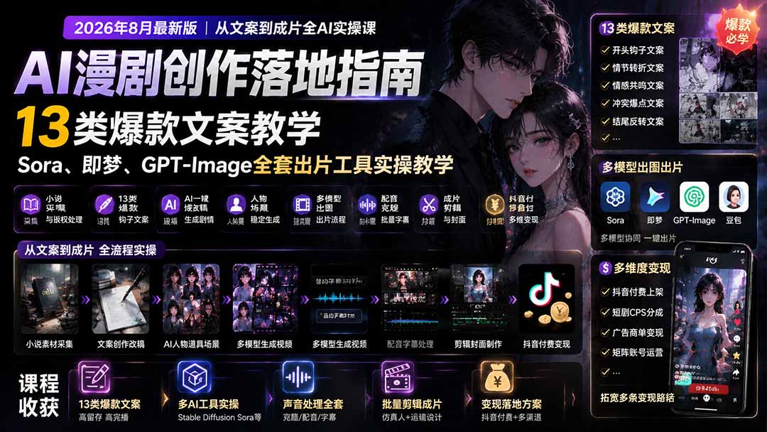 AI漫剧创作落地指南|13类爆款文案教学,Sora、即梦、GPT-Image全套出片工具实操教学-紫橙资源网