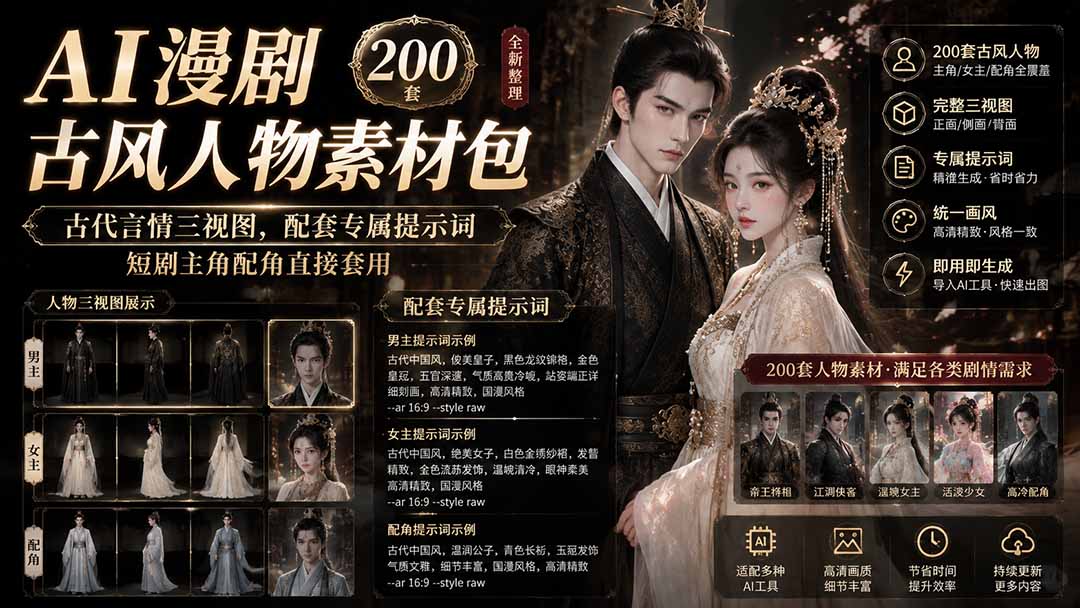 AI漫剧古风人物素材包+提示词|200 套古代言情三视图,配套专属提示词短剧主角配角直接套用-紫橙资源网