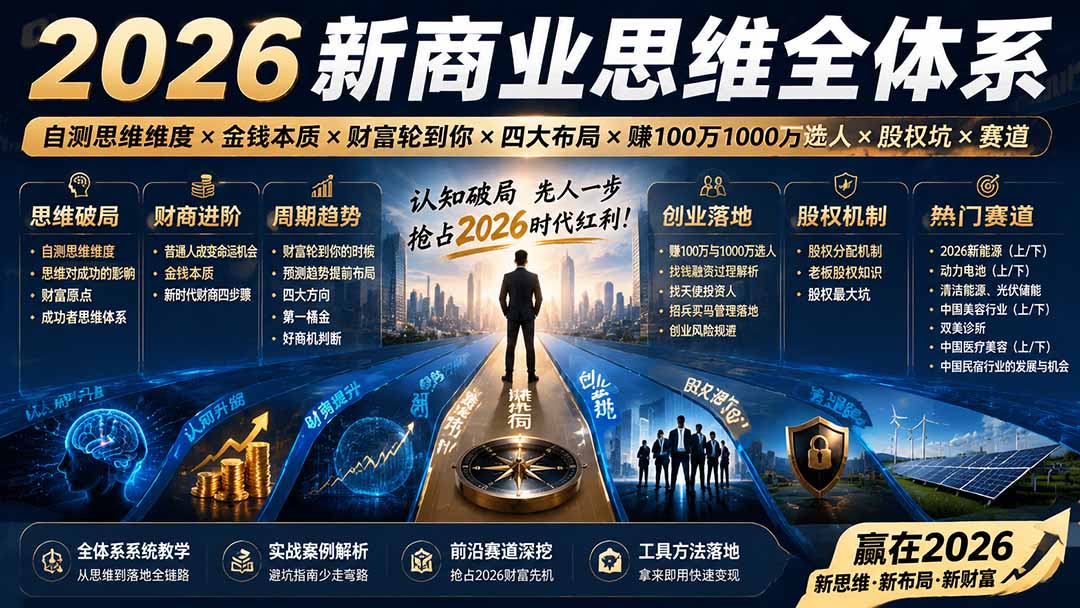 2026新商业思维全体系:自测思维维度×金钱本质×财富轮到你×四大布局×赚100万1000万选人×股权坑×赛道-紫橙资源网