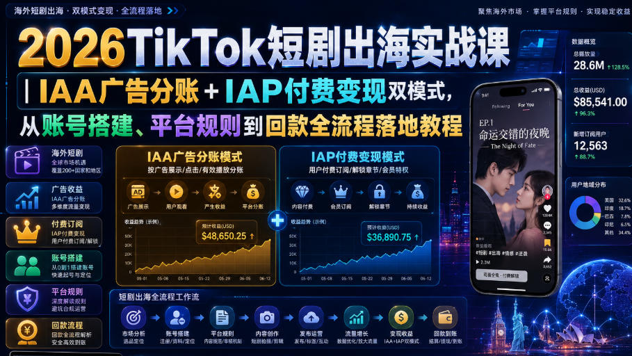 2026TikTok短剧出海实战课|IAA广告分账+IAP付费变现双模式,从账号搭建、平台规则到回款全流程落地教程-紫橙资源网