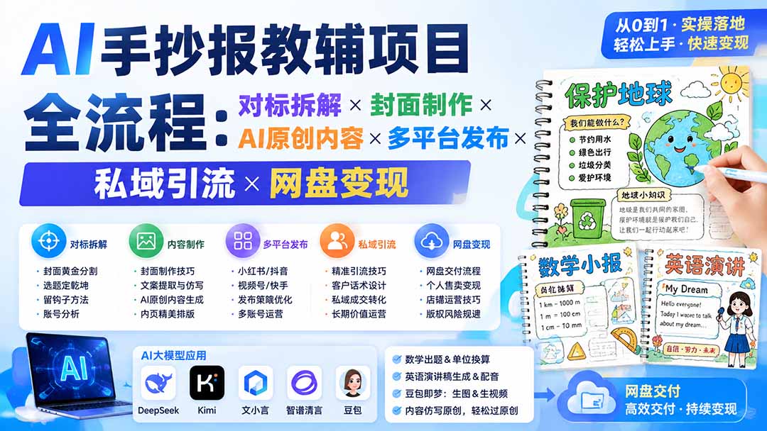 AI手抄报教辅项目全流程:对标拆解×封面制作×AI原创内容×多平台发布×私域引流×网盘变现-紫橙资源网