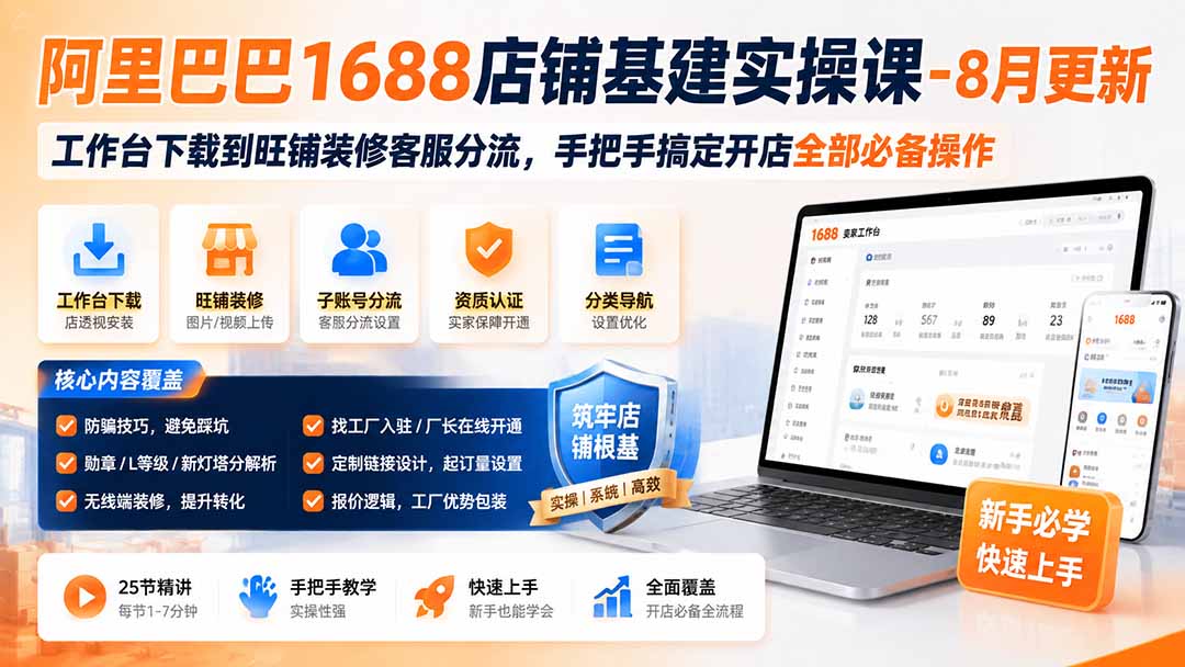 阿里巴巴1688店铺基建实操课-8月更新;工作台下载到旺铺装修客服分流,手把手搞定开店全部必备操作-紫橙资源网