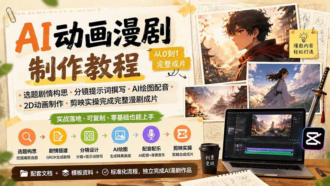 AI动画漫剧制作教程|选题剧情构思·分镜提示词撰写·AI绘图配音·2D动画制作·剪映实操完成完整漫剧成片-紫橙资源网