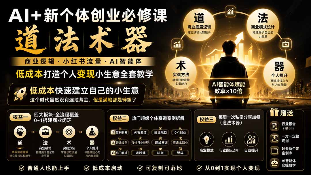 AI+新个体创业必修课|道法术器|商业逻辑·小红书流量·AI智能体|低成本打造个人变现小生意全套教学-紫橙资源网