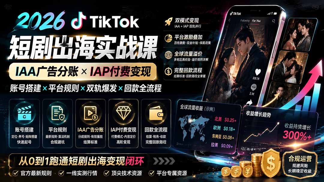 2026TikTok短剧出海实战课:IAA广告分账×IAP付费变现×账号搭建×平台规则×双轨爆发×回款全流程-紫橙资源网