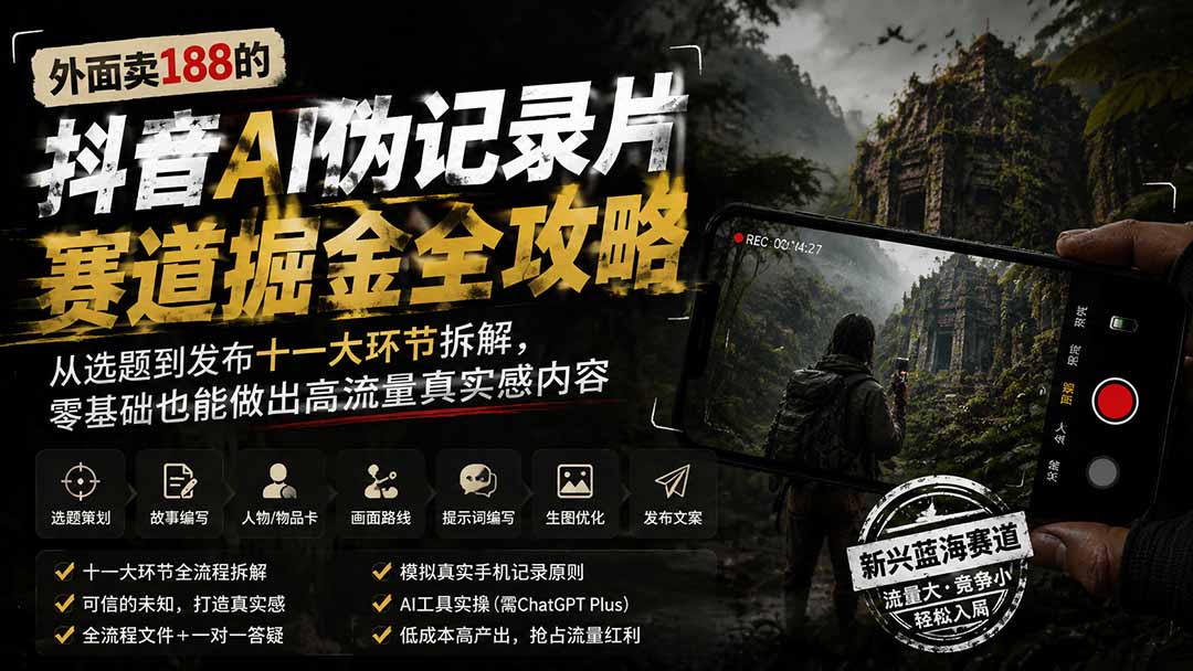 外面卖188的抖音AI伪记录片赛道掘金全攻略;从选题到发布十一大环节拆解,零基础也能做出高流量真实感内容-紫橙资源网