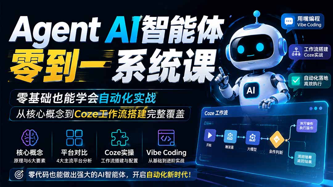Agent AI智能体零到一系统课;零基础也能学会自动化实战,从核心概念到Coze工作流搭建完整覆盖-紫橙资源网