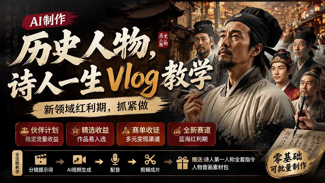 历史人物,诗人一生Vlog教学, AI制作丨伙伴计划丨精选收益丨商单收徒 ,新领域红利期,抓紧做-紫橙资源网
