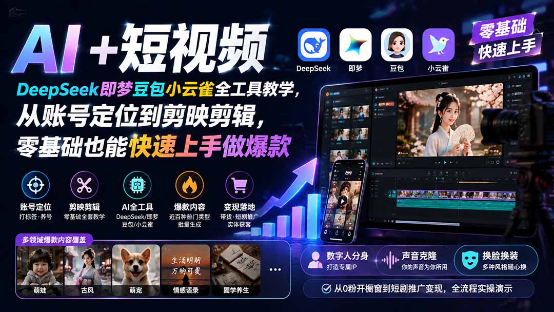 AI+短视频|DeepSeek即梦豆包小云雀全工具教学,从账号定位到剪映剪辑,零基础也能快速上手做爆款-紫橙资源网