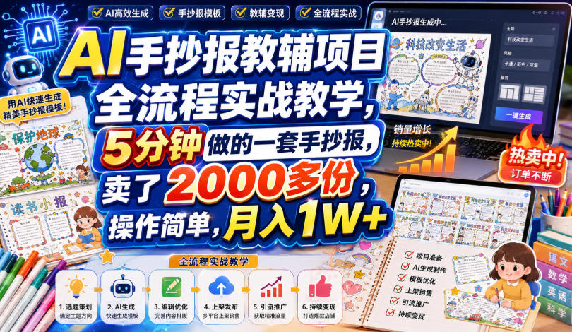 AI手抄报教辅项目全流程实战教学,5分钟做的一套手抄报,卖了2000多份,操作简单,月入1W+-紫橙资源网