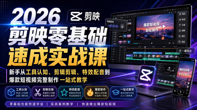2026剪映零基础速成实战课|新手从工具认知、剪辑剪辑、特效配音到爆款短视频完整制作一站式教学-紫橙资源网