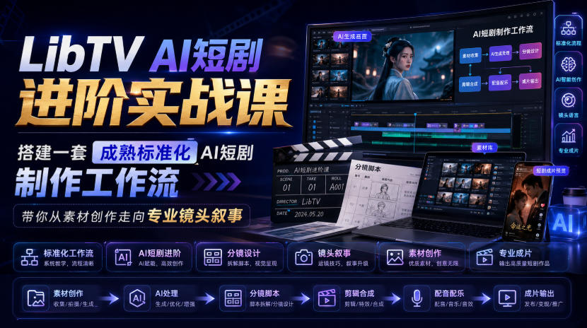 LibTV AI短剧进阶实战课,搭建一套成熟标准化AI短剧制作工作流,带你从素材创作走向专业镜头叙事-紫橙资源网