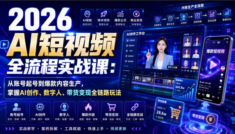 2026 AI短视频全流程实战课:从账号起号到爆款内容生产,掌握AI创作、数字人、带货变现全链路玩法-紫橙资源网