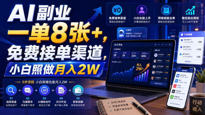 AI副业一单8张+,免费接单渠道,小白照做月入2W-紫橙资源网