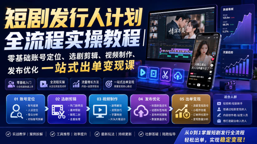 短剧发行人计划全流程实操教程|零基础账号定位、选剧剪辑、视频制作、发布优化一站式出单变现课-紫橙资源网