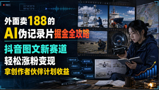 外面卖188的AI伪记录片掘金全攻略,抖音图文新赛道,轻松涨粉变现,拿创作者伙伴计划收益【文档】-紫橙资源网