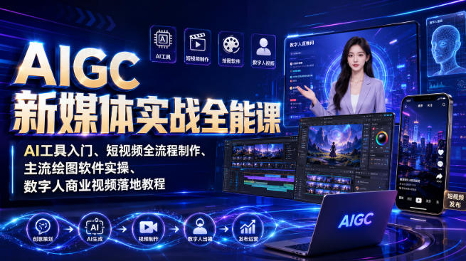 AIGC新媒体实战全能课|AI工具入门、短视频全流程制作、主流绘图软件实操、数字人商业视频落地教程-紫橙资源网