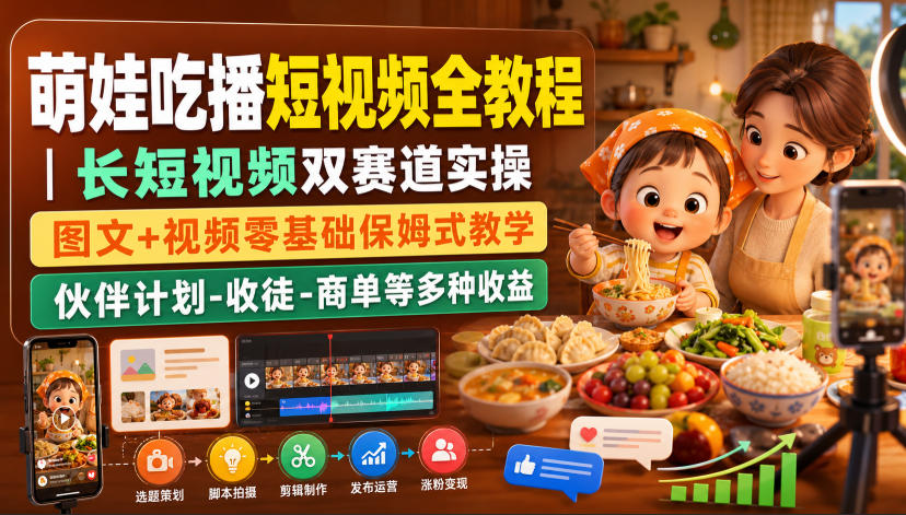 萌娃吃播短视频全教程|长短视频双赛道实操,图文+视频零基础保姆式教学,伙伴计划-收徒-商单等多种变现方式-紫橙资源网