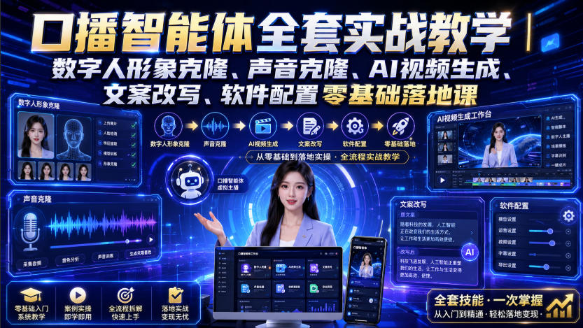 口播智能体全套实战教学|数字人形象克隆、声音克隆、AI视频生成、文案改写、软件配置零基础落地课-紫橙资源网